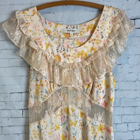 Simple Retro Romantic Flounce Sleeve Lace Detail Floral Slip Dress M Cottage - Picture 2 of 16